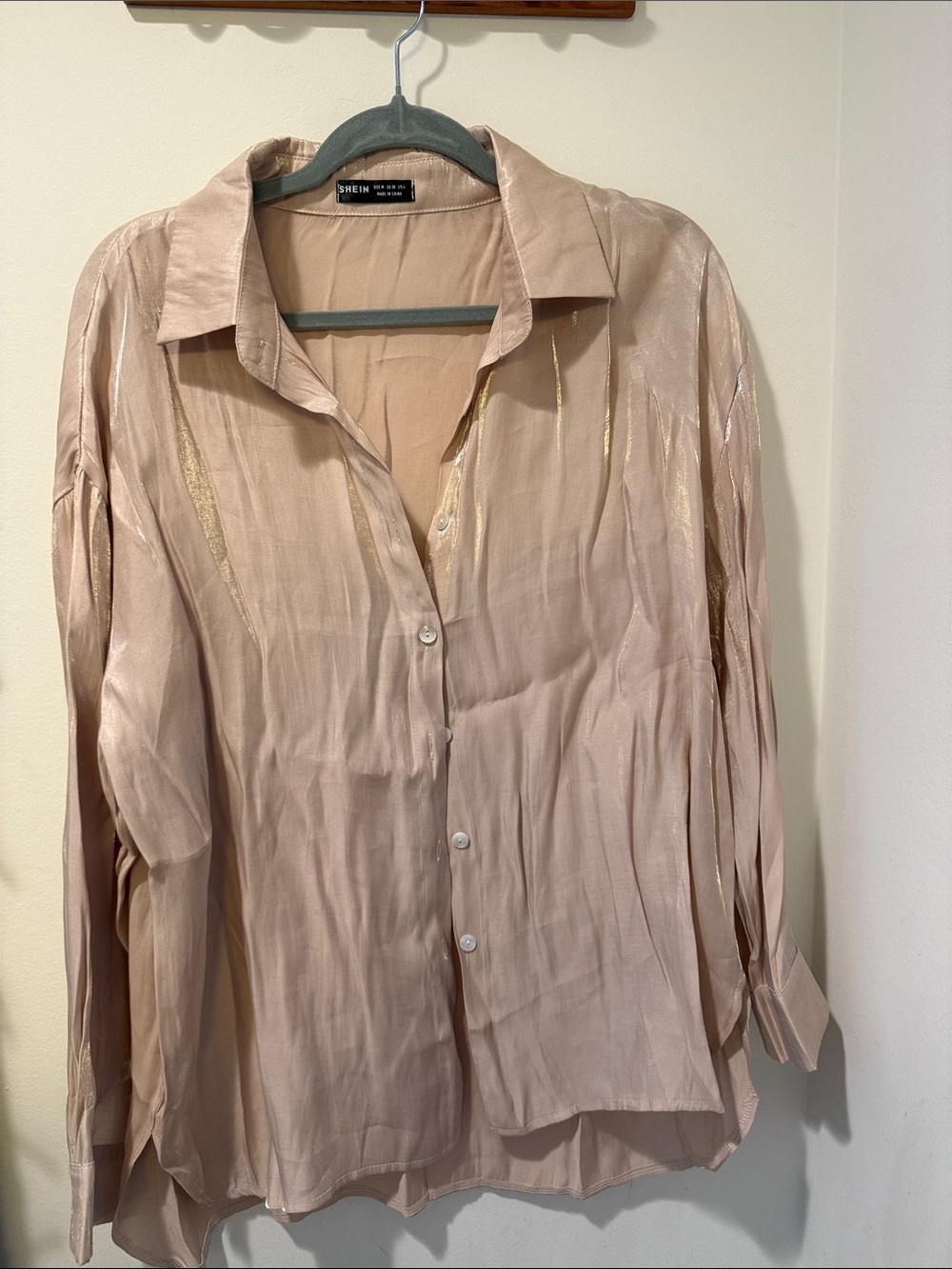 SHEIN Champagne Blush Satin Button-Up Top